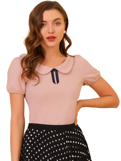 Bow Neck Solid Short Sleeve Peter Pan Collar Blouse