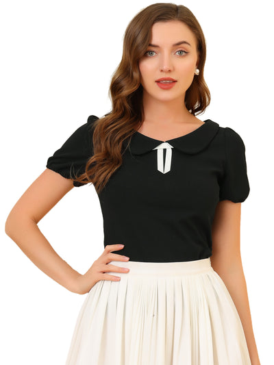 Bow Neck Solid Short Sleeve Peter Pan Collar Blouse