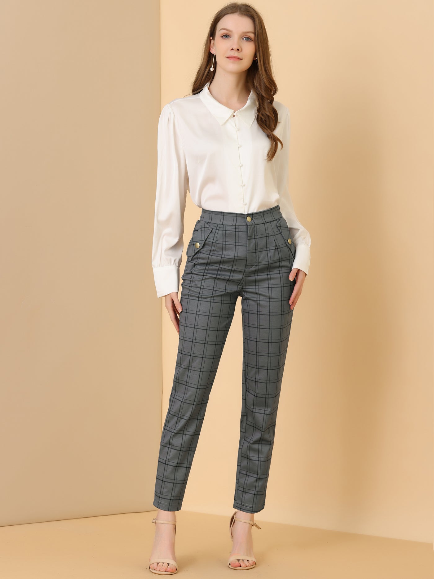 Allegra K Vintage Tartan Plaid Pants Elastic Waist Straight Long Trousers