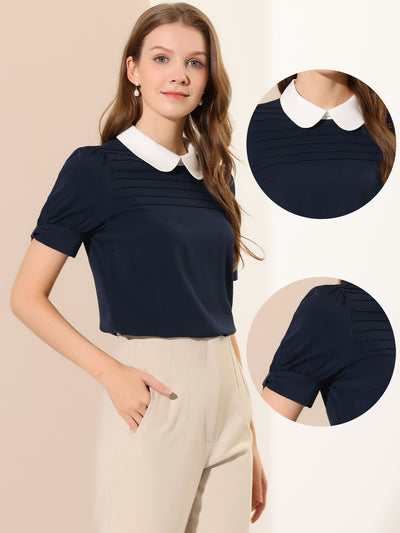 Pleated Contrast Peter Pan Collar Puff Short Sleeve Blouse