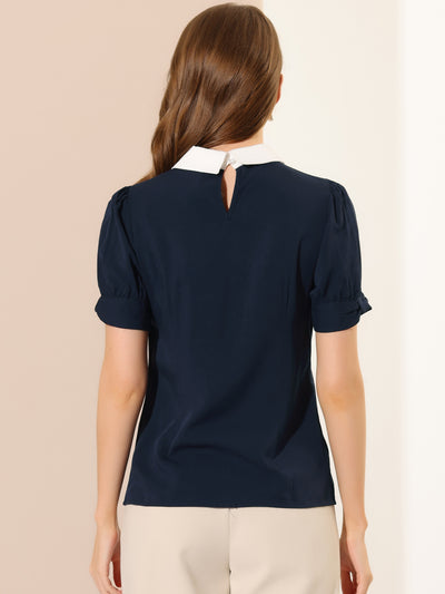 Pleated Contrast Peter Pan Collar Puff Short Sleeve Blouse