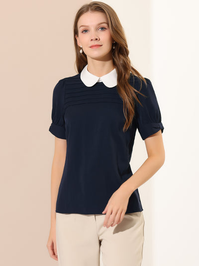 Pleated Contrast Peter Pan Collar Puff Short Sleeve Blouse