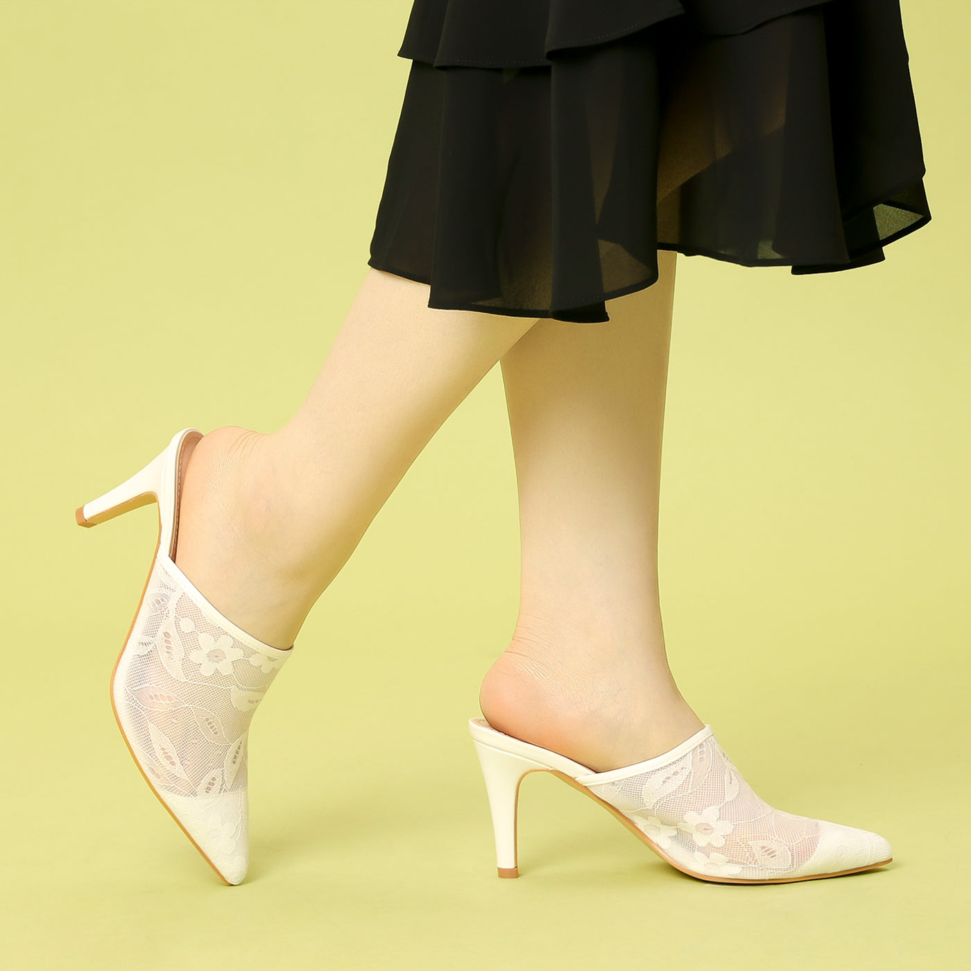 Allegra K Women's Lace Heels Sandals Mesh Floral Embroidered Stiletto Heels Slide Mules
