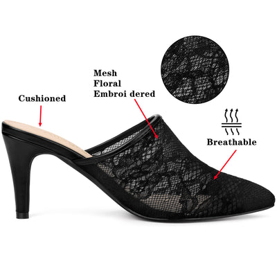 Women's Lace Heels Sandals Mesh Floral Embroidered Stiletto Heels Slide Mules