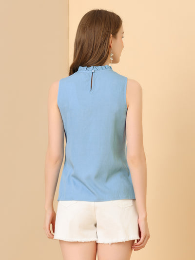 Denim Sleeveless Top Frill Mock Neck Ruffle Chambray Blouse