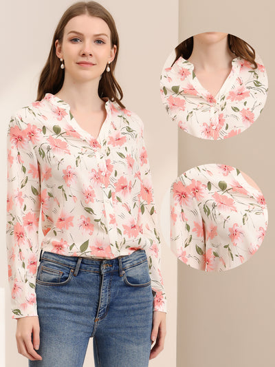 Chiffon Floral Tops V Neck Long Sleeve Button-Up Blouse Shirt