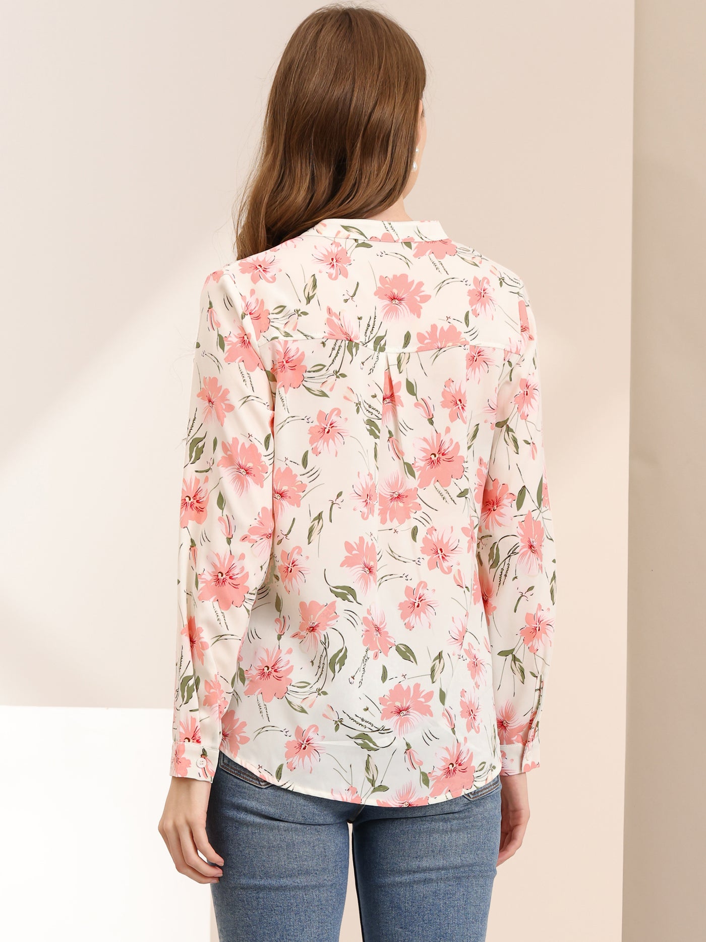 Allegra K Chiffon Floral Tops V Neck Long Sleeve Button-Up Blouse Shirt