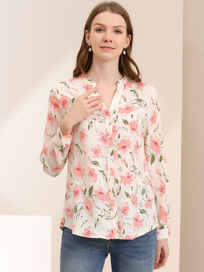 Chiffon Floral Tops V Neck Long Sleeve Button-Up Blouse Shirt