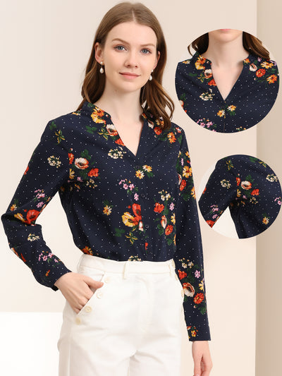 Chiffon Floral Tops V Neck Long Sleeve Button-Up Blouse Shirt