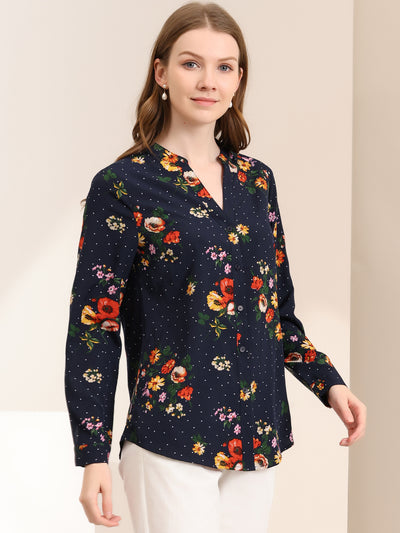 Chiffon Floral Tops V Neck Long Sleeve Button-Up Blouse Shirt