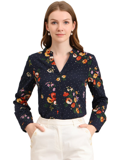 Chiffon Floral Tops V Neck Long Sleeve Button-Up Blouse Shirt