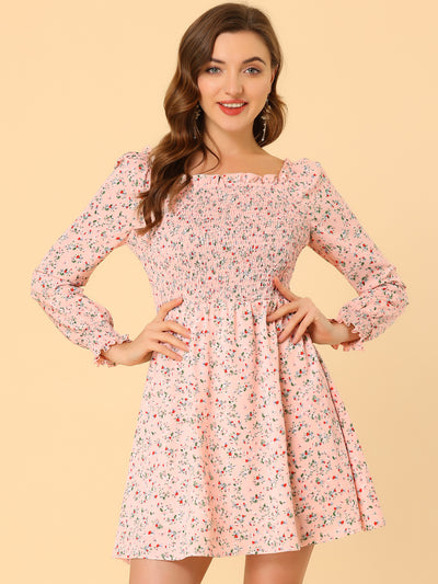 Mini Smocked Square Neck Long Sleeve Floral Print Dress