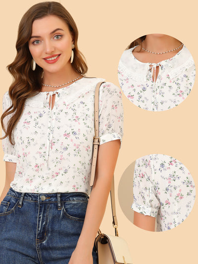 Floral Blouse Peter Pan Collar Tie Neck Chiffon Shirt Top