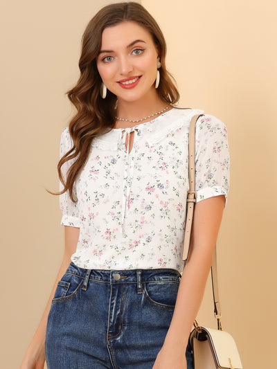 Floral Blouse Peter Pan Collar Tie Neck Chiffon Shirt Top