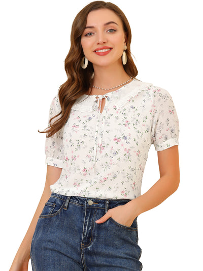 Floral Blouse Peter Pan Collar Tie Neck Chiffon Shirt Top