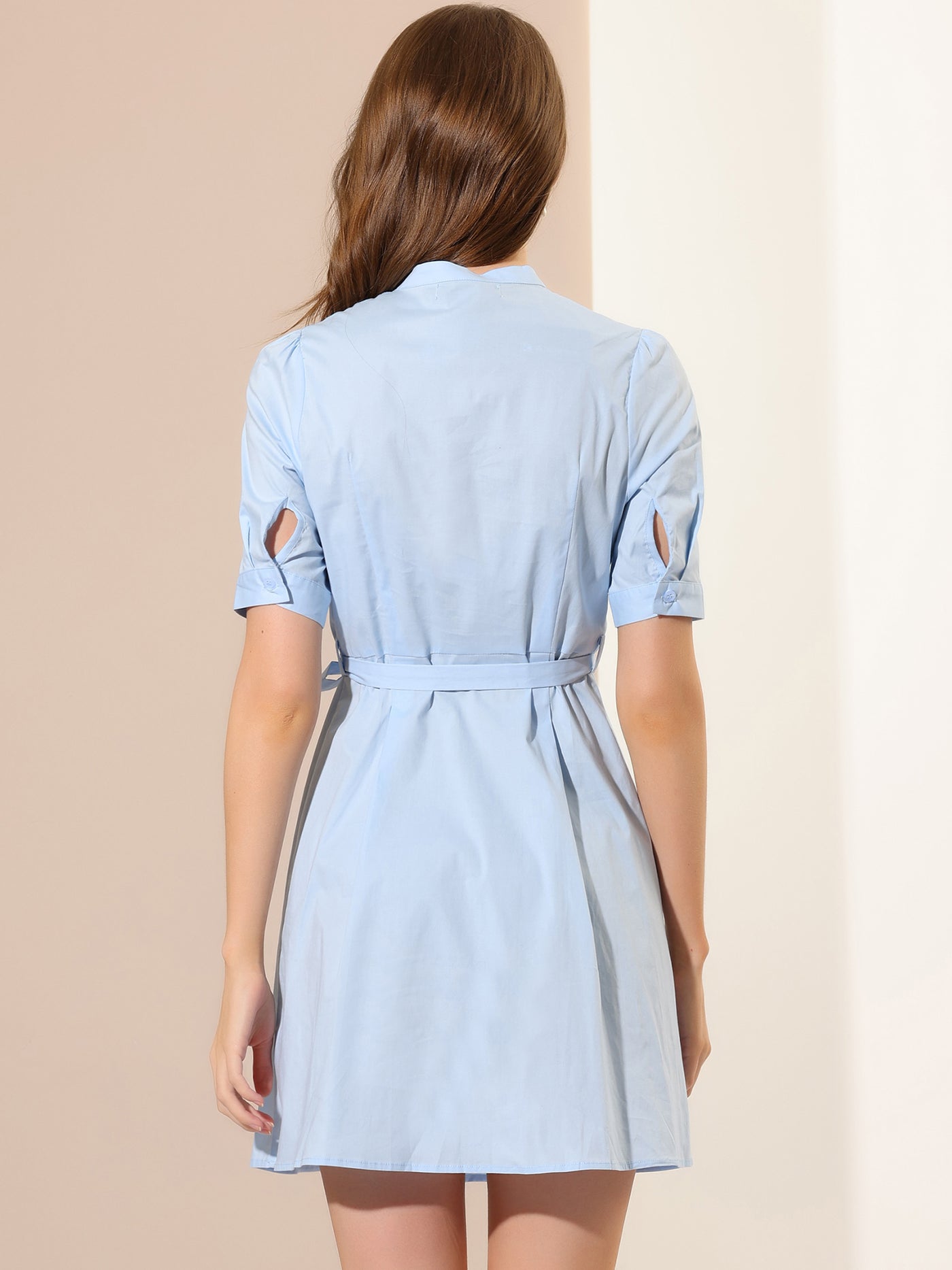 Allegra K Belted Half Placket Short Sleeve Summer A-Line Dress