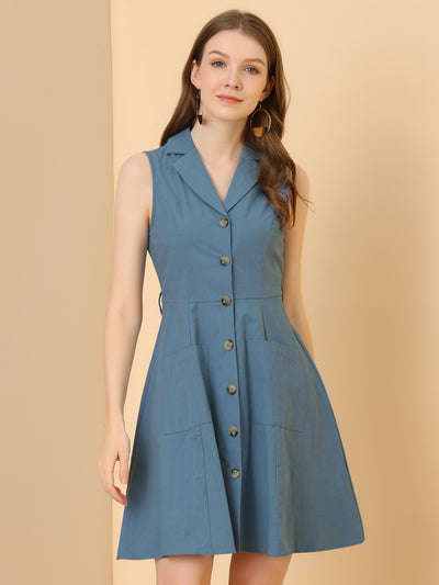 Button Down Notched Lapel Belted Sleeveless Shirt Dress