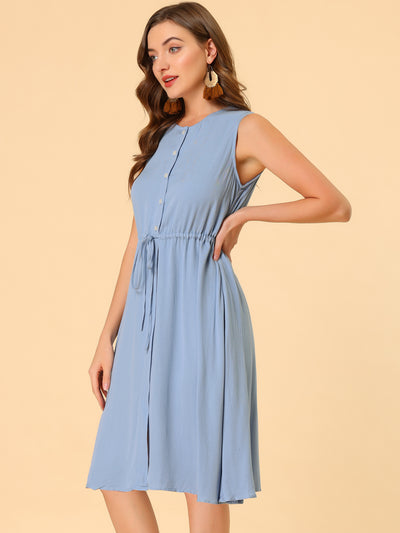 Casual Button Front Solid Color Drawstring Waist Sleeveless Dress