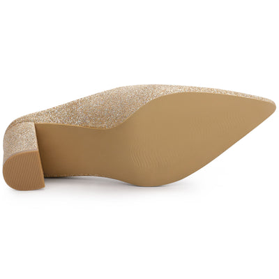 Women's Glitter Pointed Toe Slip on Chunky Heels Slide Mules