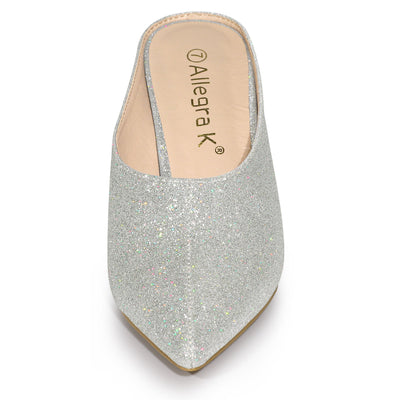 Women's Glitter Pointed Toe Slip on Chunky Heels Slide Mules