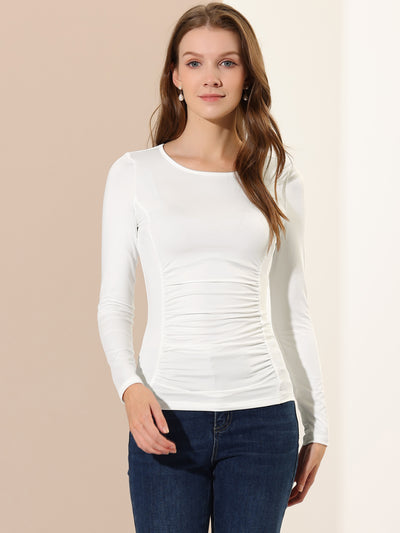 Round Neck Long Sleeve Solid Fitted Ruched Top