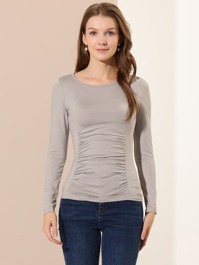 Round Neck Long Sleeve Solid Fitted Ruched Top