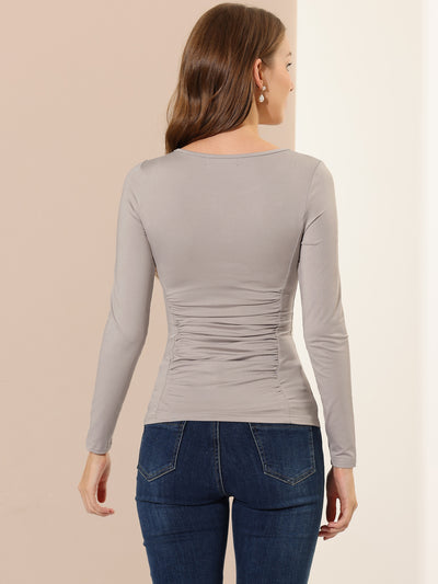 Round Neck Long Sleeve Solid Fitted Ruched Top