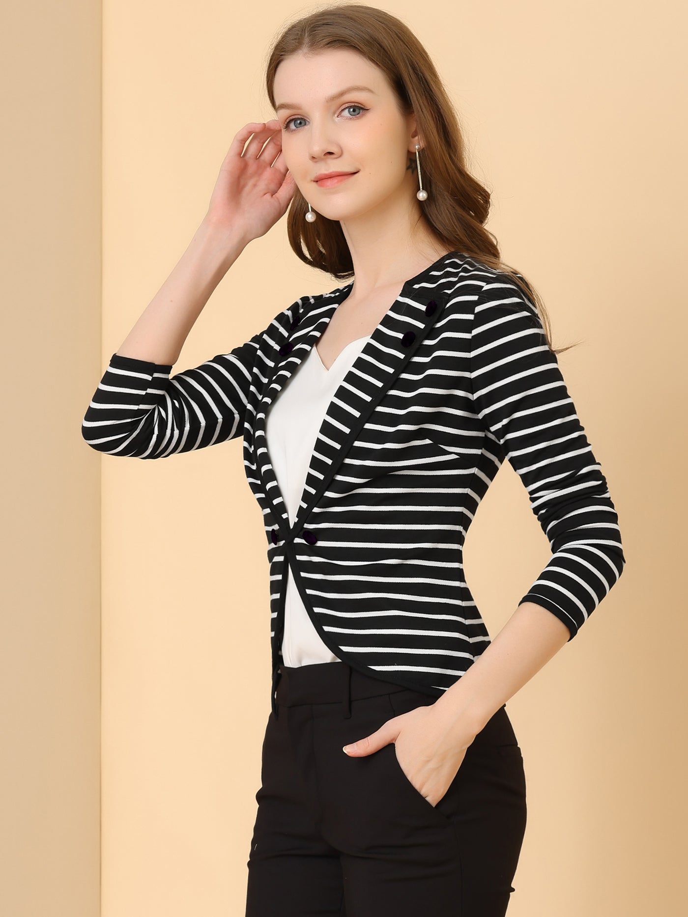 Allegra K Notched Lapel Casual Work Office Striped Blazer