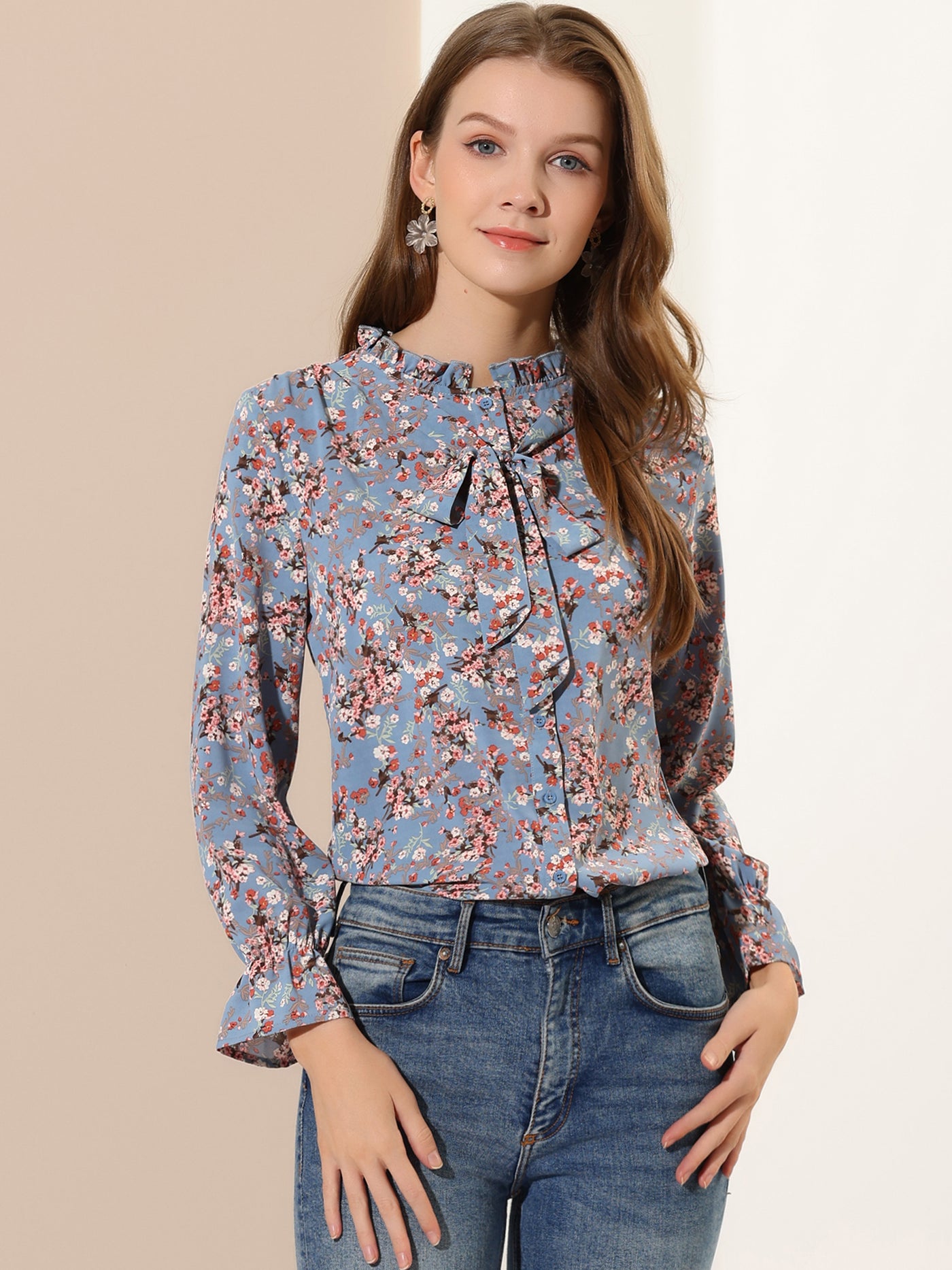 Allegra K Vintage Floral Tie Neck Long Sleeve Ruffled Collar Peasant Blouse