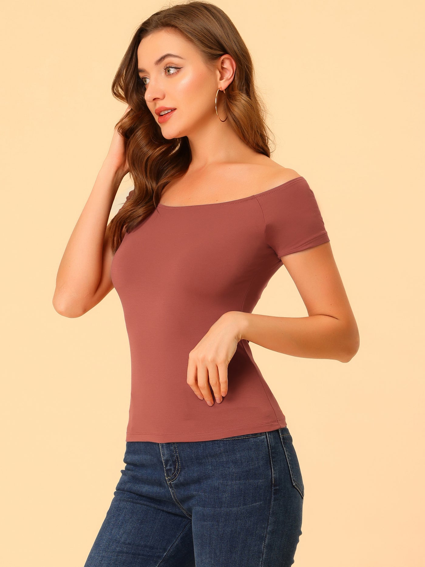 Allegra K Off Shoulder Short Sleeve Solid Basic Sexy Slim Fit Blouse