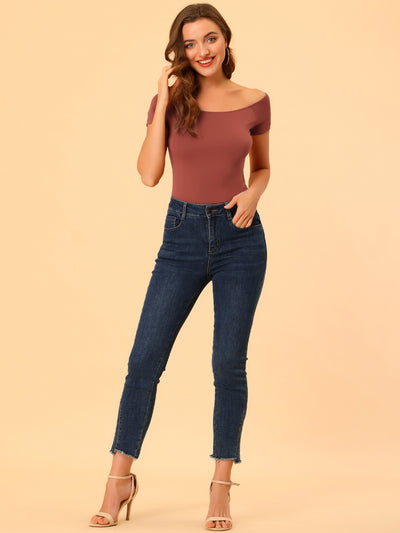 Off Shoulder Short Sleeve Solid Basic Sexy Slim Fit Blouse