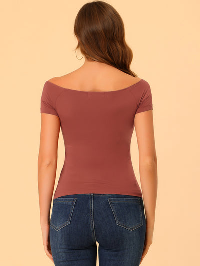 Off Shoulder Short Sleeve Solid Basic Sexy Slim Fit Blouse