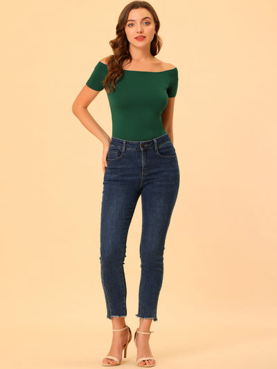 Off Shoulder Short Sleeve Solid Basic Sexy Slim Fit Blouse