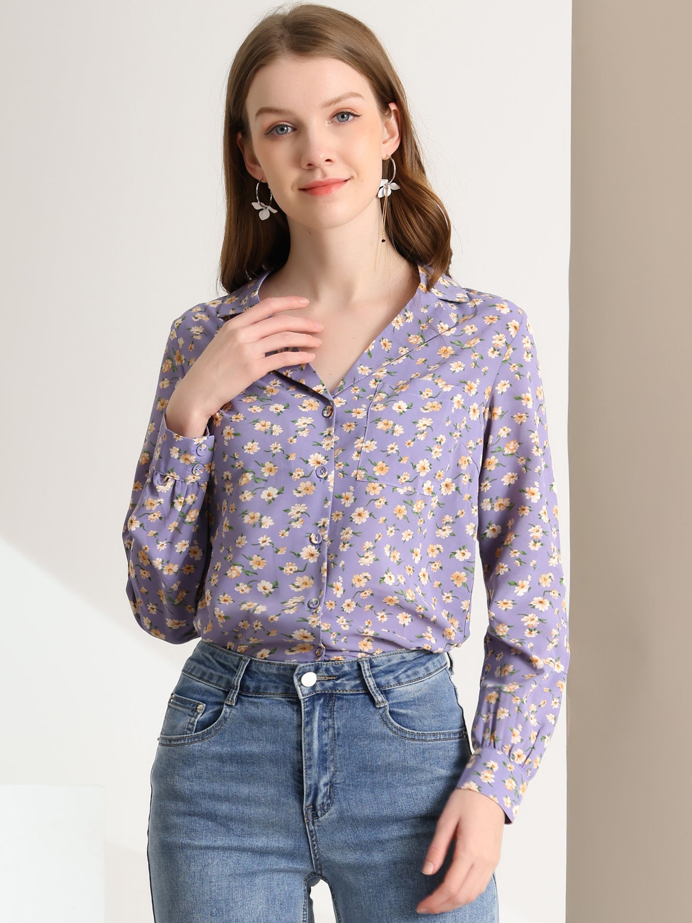 Allegra K 1950s Vintage Long Sleeve Printed Button Down Tops