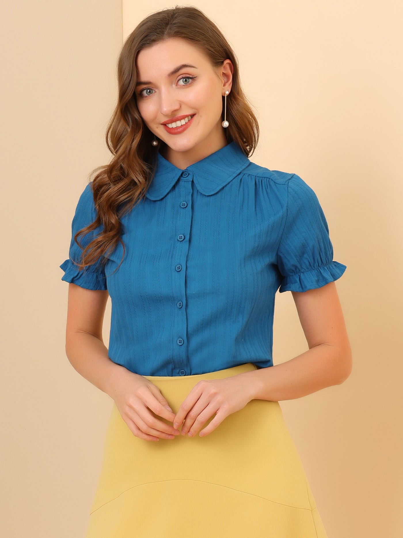 Allegra K Cotton Frilled Top Turndown Collar Solid Blouse Shirt