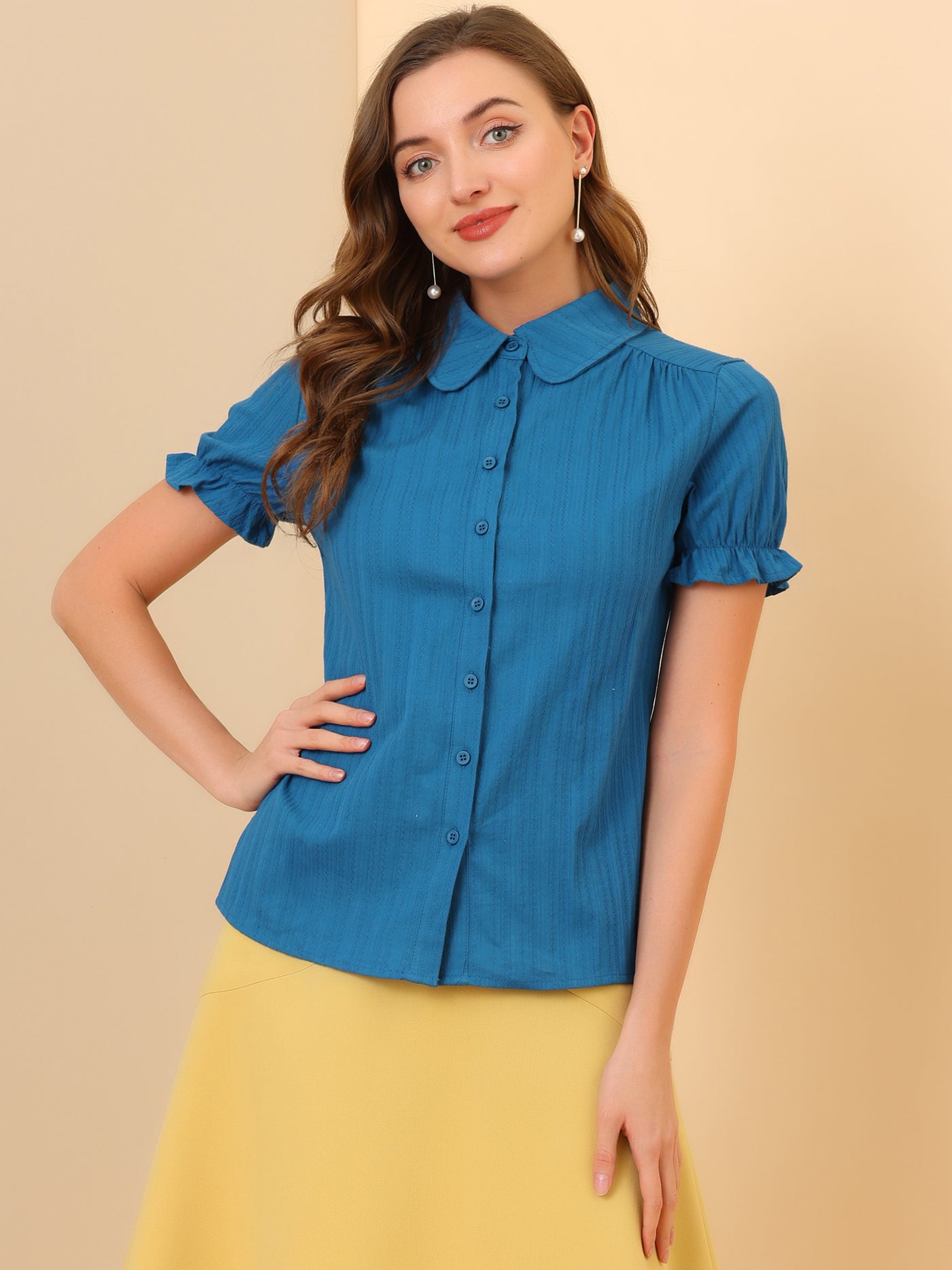 Allegra K Cotton Frilled Top Turndown Collar Solid Blouse Shirt