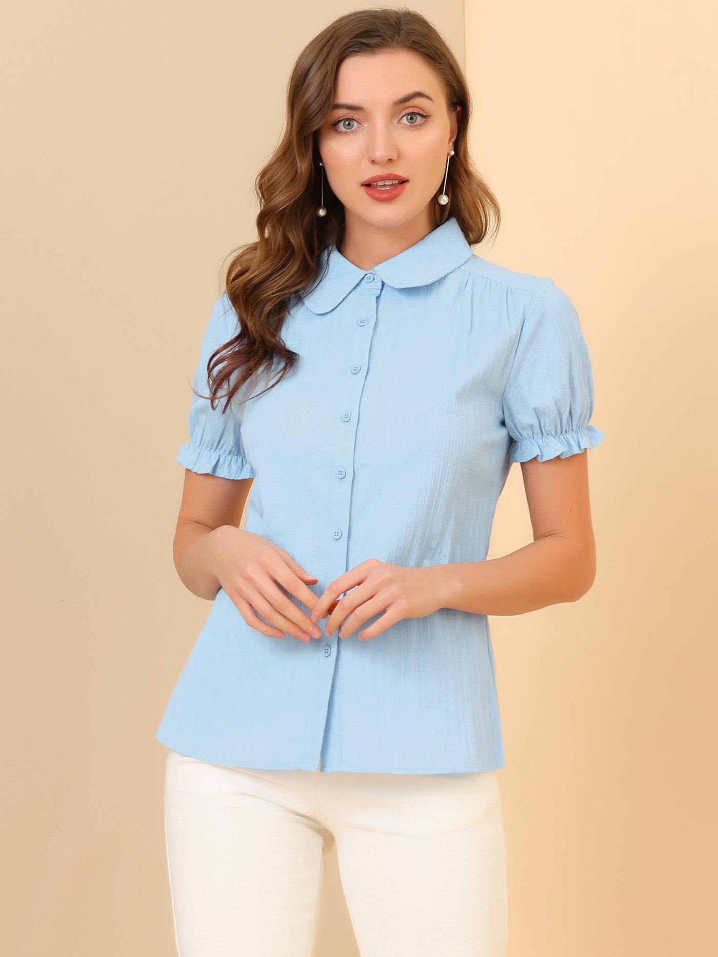 Allegra K Cotton Frilled Top Turndown Collar Solid Blouse Shirt