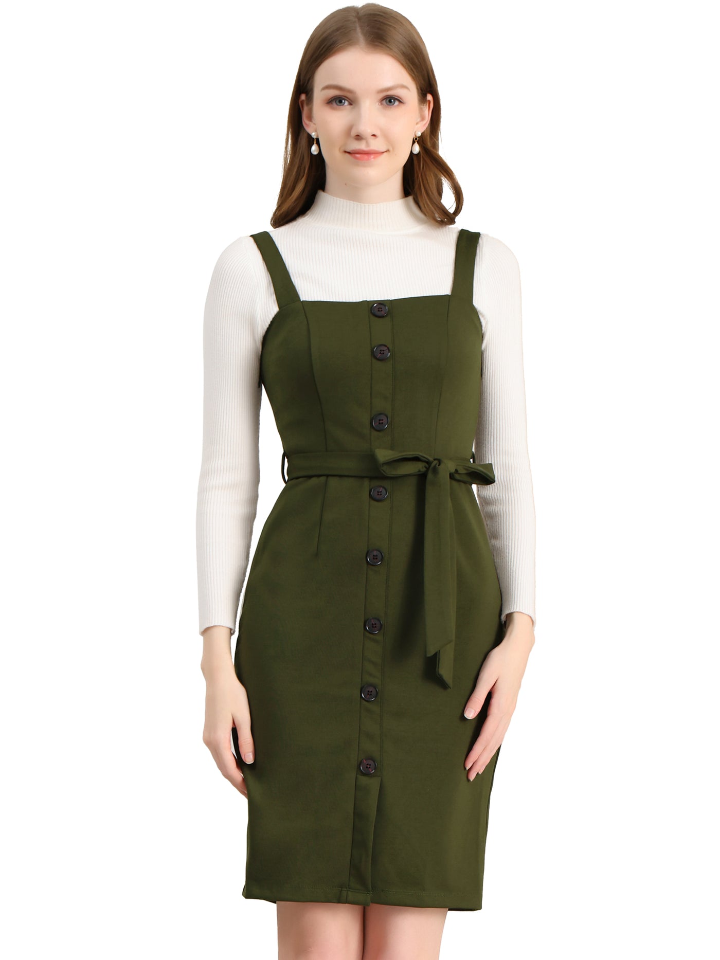 Allegra K Classic Button Front Sleeveless Tie Waist Pinafore Overall Dress