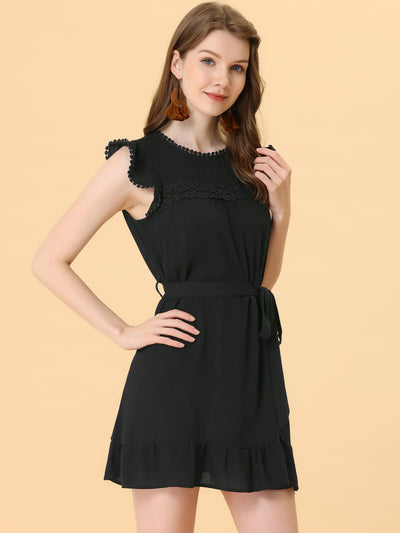 Ruffle Sleeve Round Neck Tie Belt Crochet A-Line Flowy Short Dress