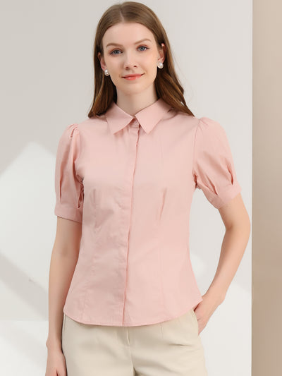 Puff Sleeve Collared Cotton Work Office Button Down Shirt