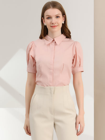 Puff Sleeve Collared Cotton Work Office Button Down Shirt