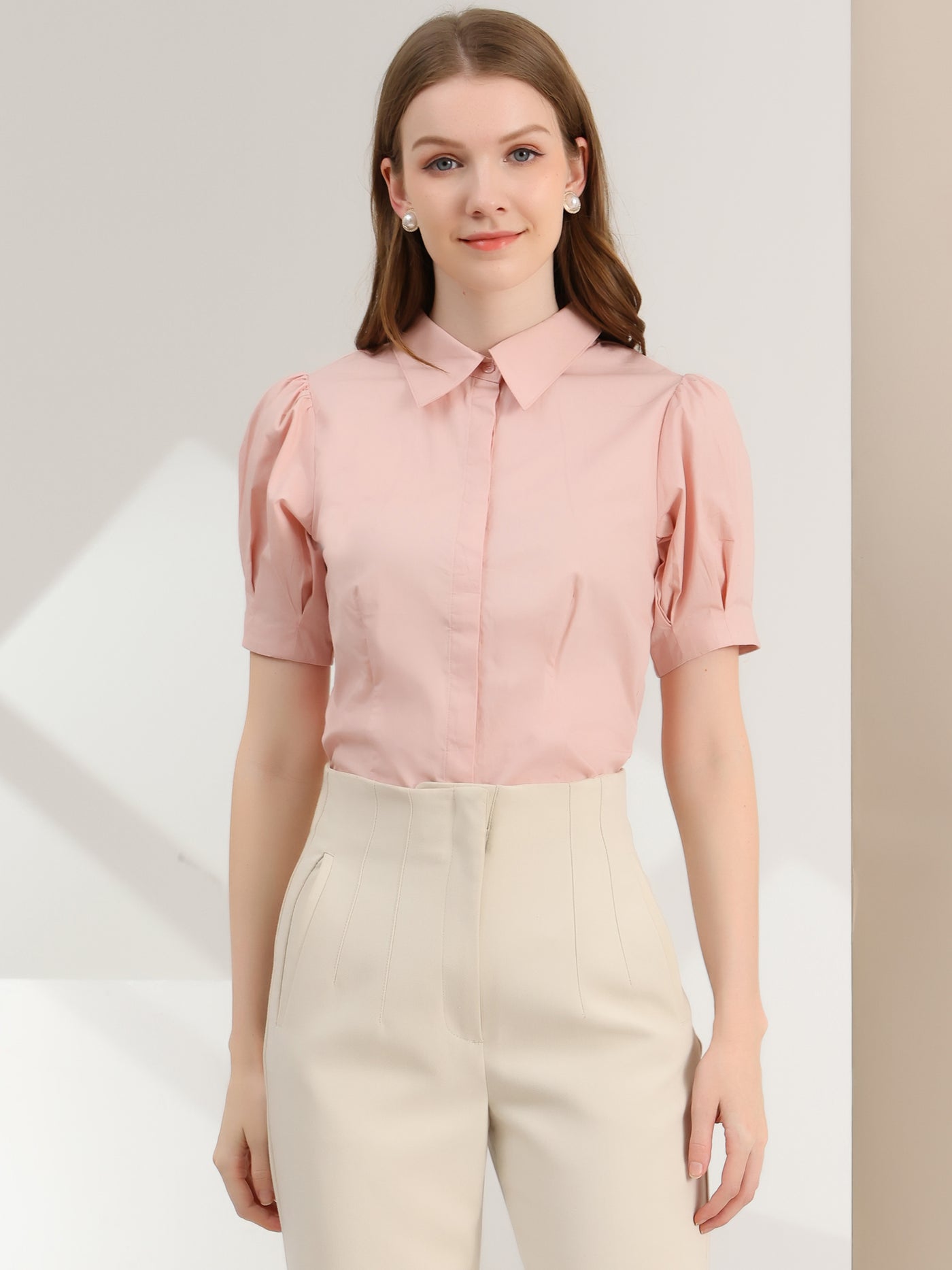 Allegra K Puff Sleeve Collared Cotton Work Office Button Down Shirt