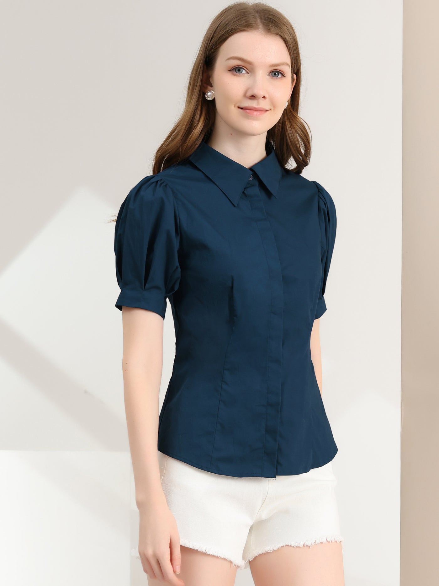 Allegra K Puff Sleeve Collared Cotton Work Office Button Down Shirt