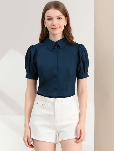 Puff Sleeve Collared Cotton Work Office Button Down Shirt