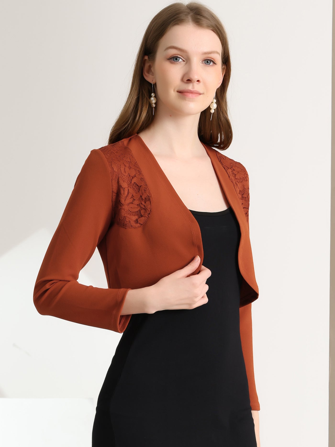 Allegra K Lace Insert Office Open Front Crop Cardigan Bolero Shrugs