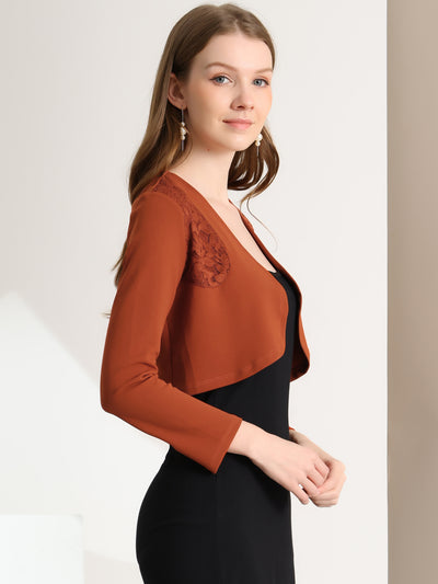 Lace Insert Office Open Front Crop Cardigan Bolero Shrugs