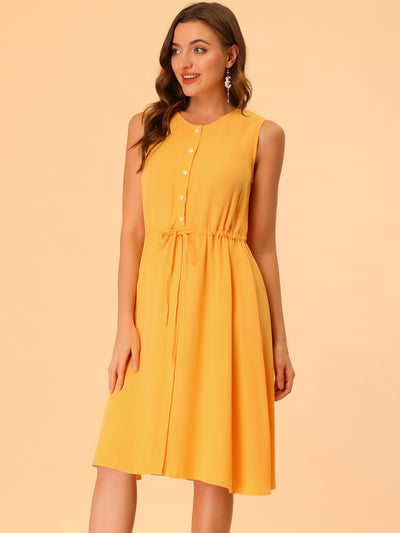 Casual Button Front Solid Color Drawstring Waist Sleeveless Dress