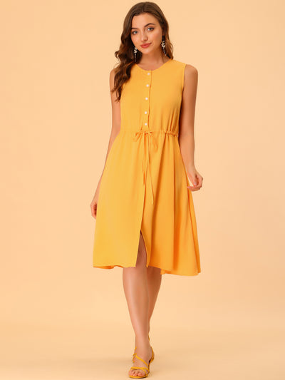 Casual Button Front Solid Color Drawstring Waist Sleeveless Dress