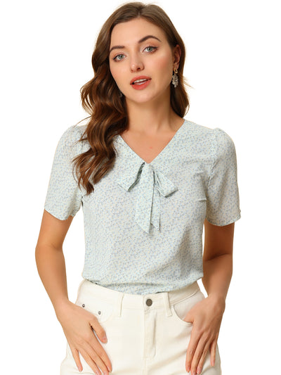 Bow Tie V Neck Short Sleeve Straight Loose Breathable Printed Blouse