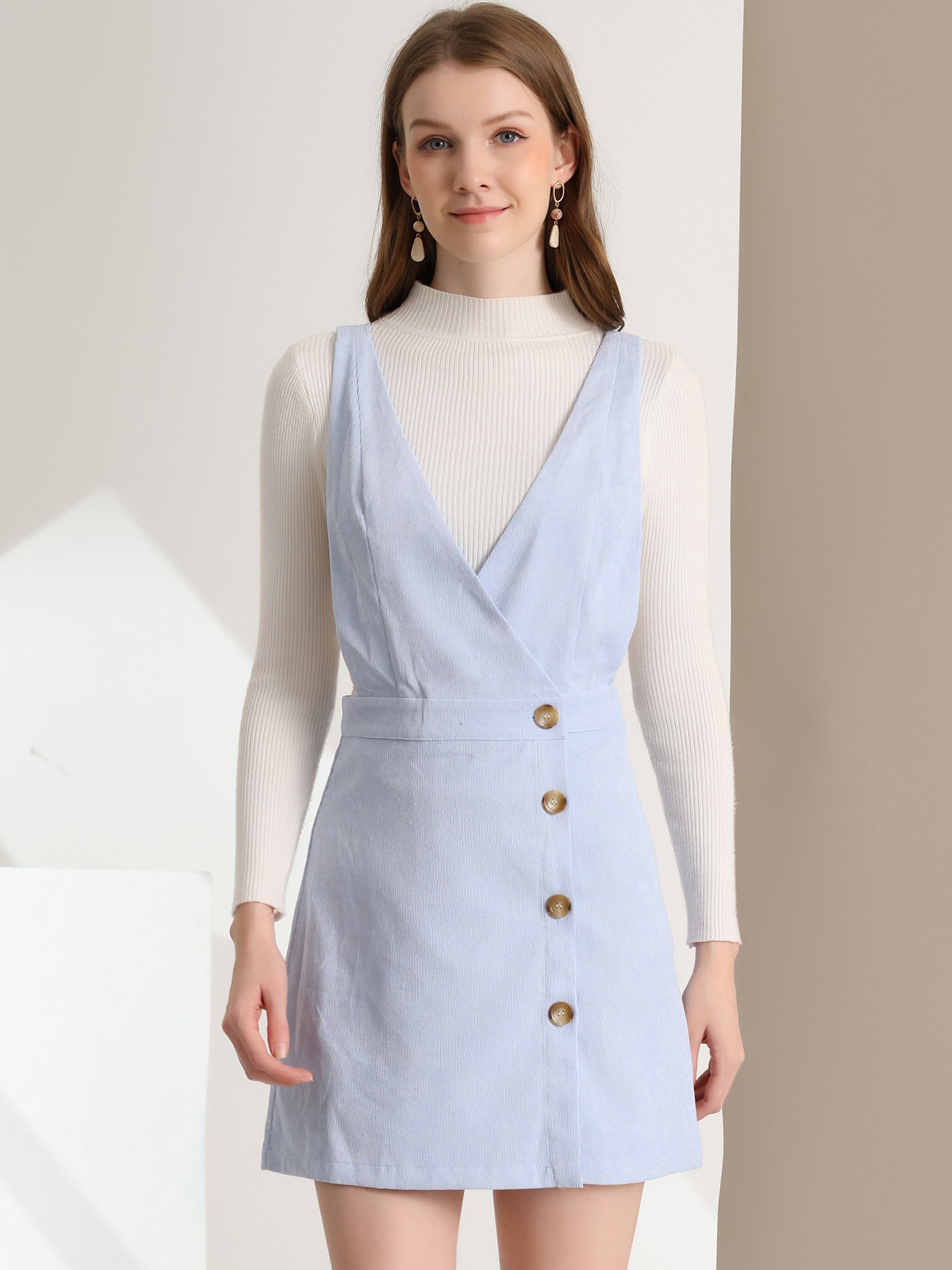 Allegra K Corduroy Mini V Neck Vintage A-Line Bib Overall Pinafore Dress